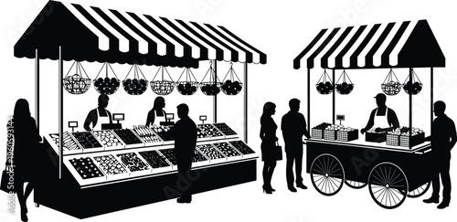 Black silhouette of an outdoor farmers market with fruit stalls, food carts, and people shopping isolated on white background for local business branding. (24 words)