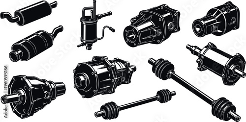 Automotive mechanical parts set with engine components transmission shafts and car drivetrain elements detailed vector illustration