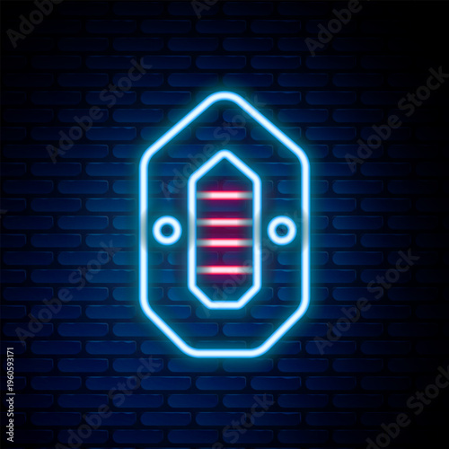 Glowing neon line Rafting boat icon isolated on brick wall background. Inflatable boat. Water sports, extreme sports, holiday, vacation. Colorful outline concept. Vector