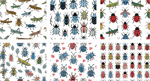 Seamless insect patterns collection with beetles ladybugs grasshoppers and bugs colorful nature backgrounds vector illustration set