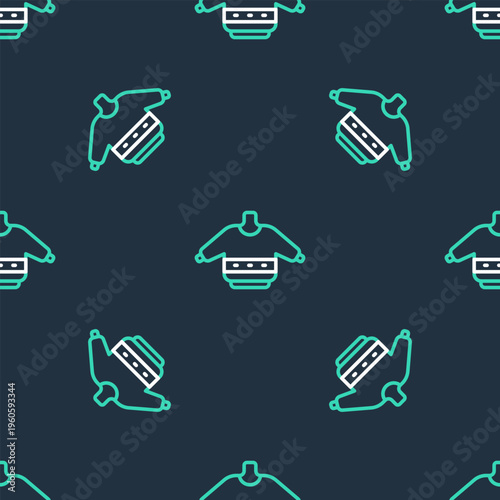 Line Christmas sweater with norwegian ornaments and holidays decorations icon isolated seamless pattern on black background. Knitted winter jumper. Vector