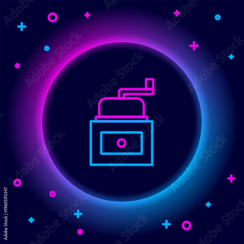 Glowing neon line Manual coffee grinder icon isolated on black background. Colorful outline concept. Vector
