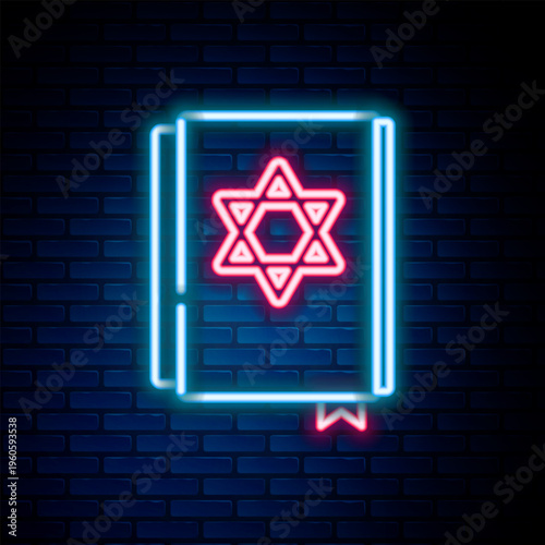 Glowing neon line Jewish torah book icon isolated on brick wall background. Pentateuch of Moses. On the cover of the Bible is the image of the Star of David. Colorful outline concept. Vector