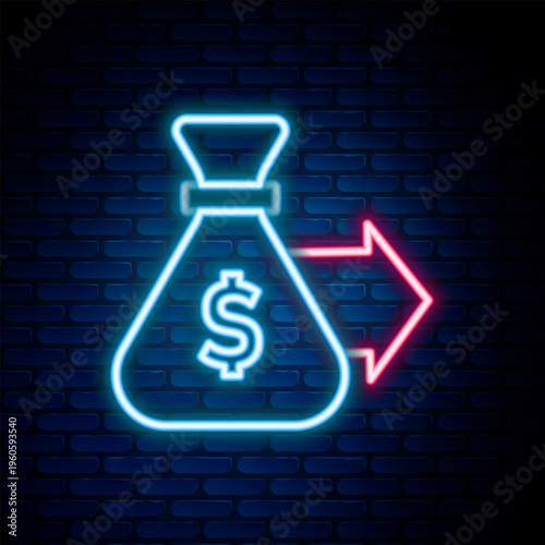 Glowing neon line Money bag icon isolated on brick wall background. Dollar or USD symbol. Cash Banking currency sign. Colorful outline concept. Vector