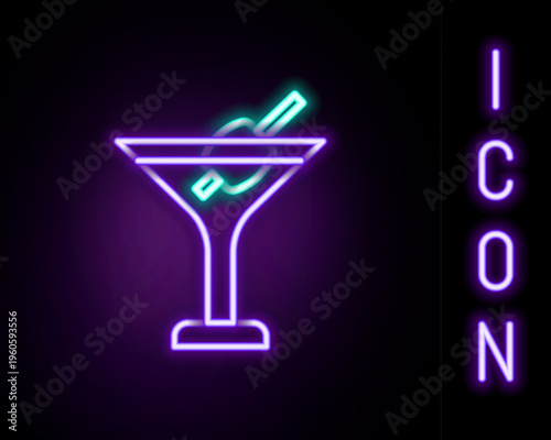 Glowing neon line Martini glass icon isolated on black background. Cocktail icon. Wine glass icon. Colorful outline concept. Vector