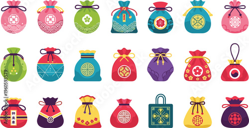 Traditional decorative gift bags collection colorful drawstring pouches with asian ornaments vector illustration set