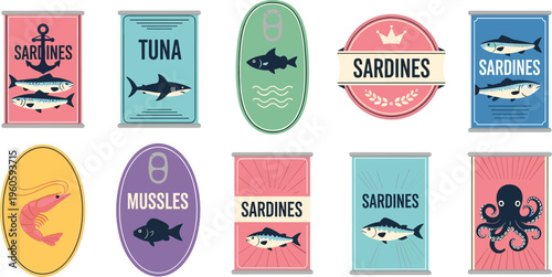 Vintage seafood labels collection with sardines tuna mussels shrimp and retro canned fish packaging vector illustration set
