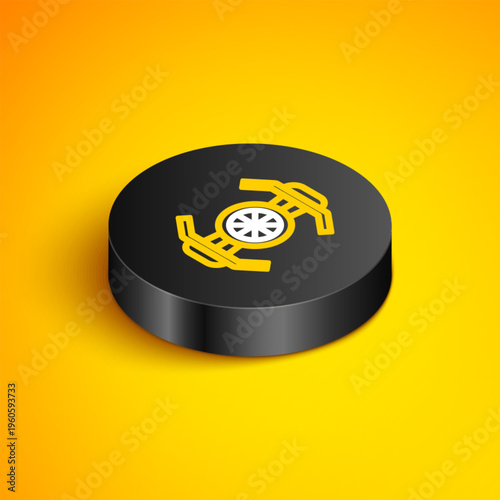 Isometric line Cosmic ship icon isolated on yellow background. Black circle button. Vector