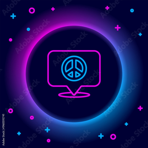Glowing neon line Location peace icon isolated on black background. Hippie symbol of peace. Colorful outline concept. Vector
