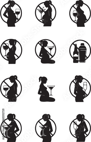 Set of No alcohol during pregnancy vector signs. Pregnant no drink sign. Red prohibition alcohol warning responsibility sign with pregnant woman silhouette.