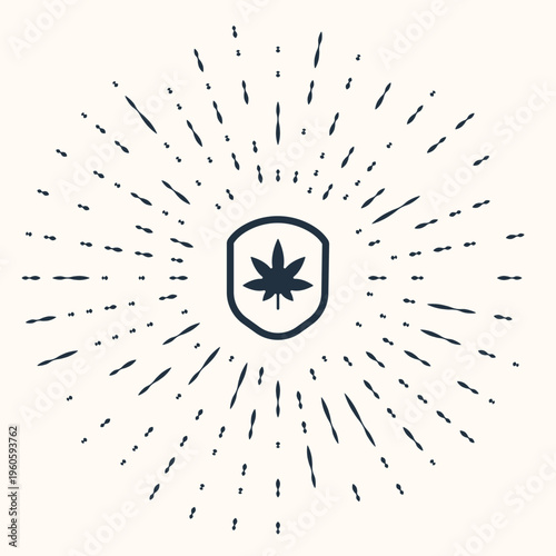 Grey Shield and marijuana or cannabis leaf icon isolated on beige background. Marijuana legalization. Hemp symbol. Abstract circle random dots. Vector Illustration