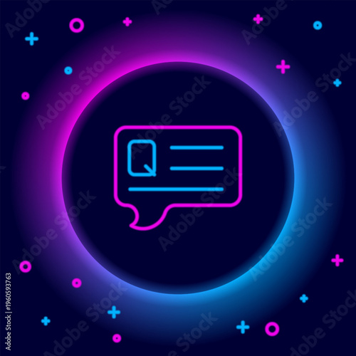 Glowing neon line Speech bubbles with Question icon isolated on black background. FAQ sign. Chat speech bubble and chart. Colorful outline concept. Vector