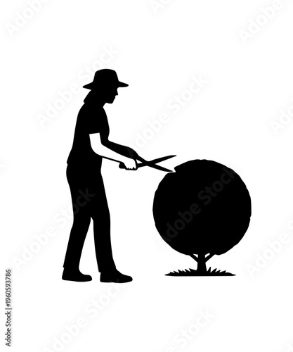 Gardener silhouette trimming bush with shears icon