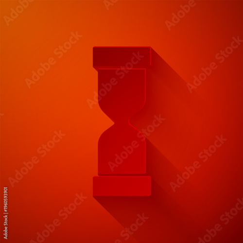 Paper cut Old hourglass with flowing sand icon isolated on red background. Sand clock sign. Business and time management concept. Paper art style. Vector