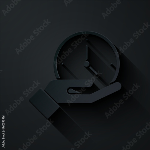 Paper cut Clock icon isolated on black background. Time symbol. Paper art style. Vector