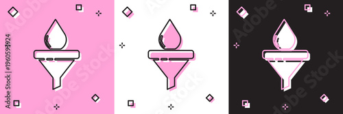 Set Funnel or filter and motor oil drop icon isolated on pink and white, black background. Vector