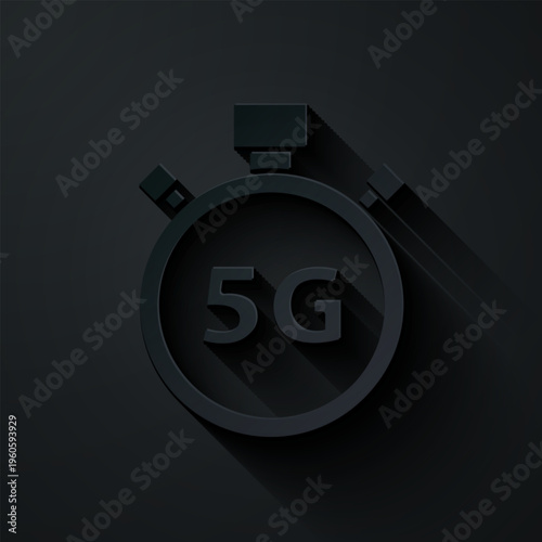 Paper cut Digital speed meter concept with 5G icon isolated on black background. Global network high speed connection data rate technology. Paper art style. Vector