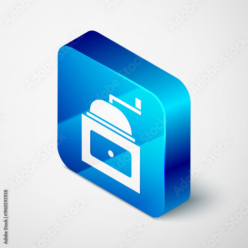 Isometric Manual coffee grinder icon isolated on grey background. Blue square button. Vector