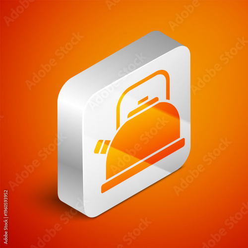 Isometric Kettle with handle icon isolated on orange background. Teapot icon. Silver square button. Vector