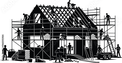Black silhouette of construction workers building a house on scaffolding with roofers and bricklayers isolated on white background for industrial and real estate design. (24 words)