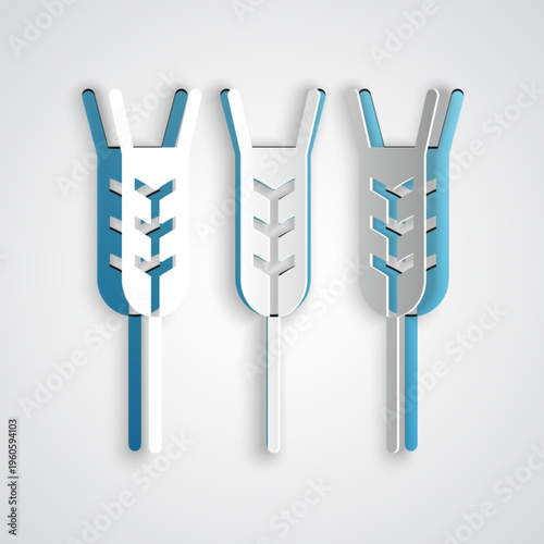 Paper cut Cereals set with rice, wheat, corn, oats, rye, barley icon isolated on grey background. Ears of wheat bread symbols. Paper art style. Vector