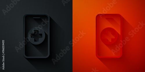 Paper cut Phone repair service icon isolated on black and red background. Adjusting, service, setting, maintenance, repair, fixing. Paper art style. Vector