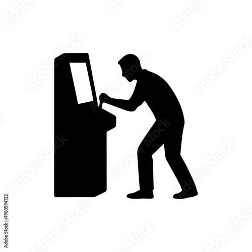 Man in silhouette playing a classic arcade game cabinet with joystick and buttons