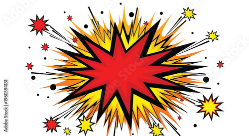 Vibrant comic book style explosion with radiating yellow orange and red starbursts on white background