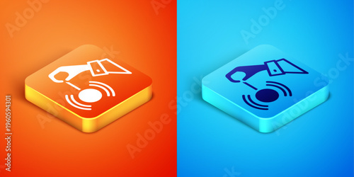 Isometric Hypnosis icon isolated on orange and blue background. Human eye with spiral hypnotic iris. Vector