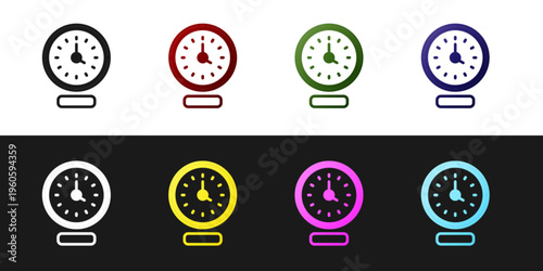 Set Clock icon isolated on black and white background. Time symbol. Vector