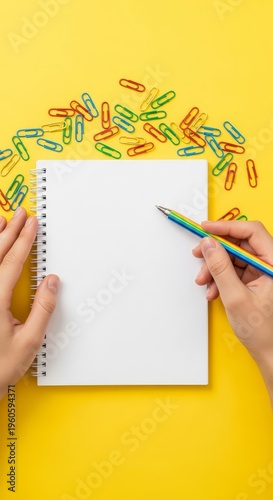 Hands holding pencil and notebook with colorful capsules.