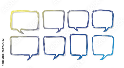 A collection of eight blank speech bubbles in various colors and sizes on a white background for communication design