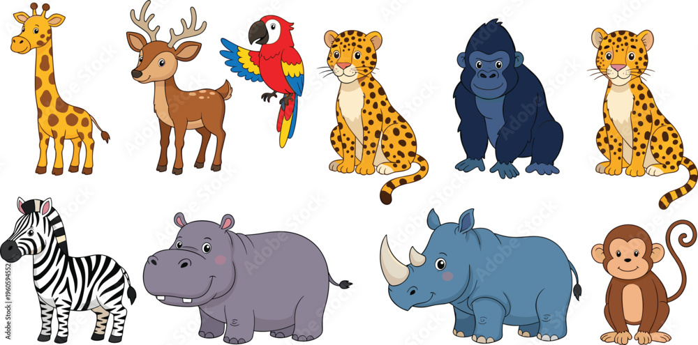 Obraz premium Wild animals collection cartoon giraffe deer parrot leopard gorilla zebra hippo rhino monkey vector illustration set