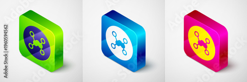 Isometric Chemical formula icon isolated on grey background. Abstract hexagon for innovation medicine, health, research and science. Square button. Vector