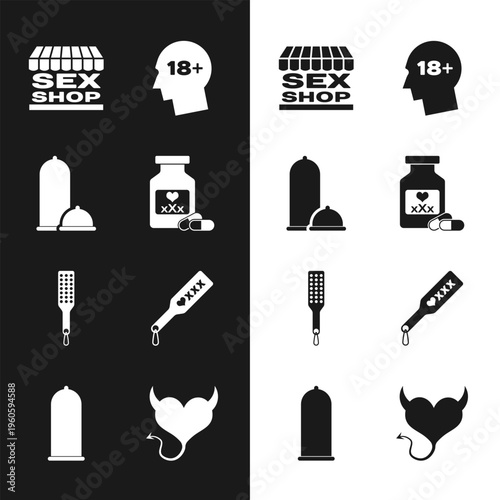 Set Bottle with pills for potency, Condoms safe sex, Sex shop building, Head 18 plus, Spanking paddle, Devil heart horns and icon. Vector