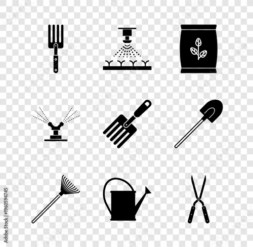 Set Garden fork, Automatic irrigation sprinklers, Fertilizer bag, rake leaves, Watering can, Gardening handmade scissor, and icon. Vector