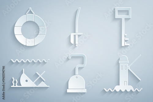 Set Pirate hook, key, Sunken ship, Lighthouse, sword and Lifebuoy icon. Vector