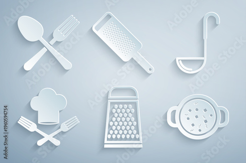 Set Grater, Kitchen ladle, Chef hat and fork, Cooking soup in pot, and Crossed spoon icon. Vector
