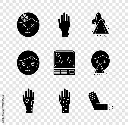 Set Man having headache, Hand with psoriasis or eczema, Runny nose, Inhaler, excessive sweating and Monitor cardiogram icon. Vector
