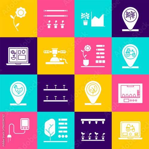 Set Laptop application for smart farm, Incubator eggs, Tractor and location, Flower statistics, Automatic irrigation sprinklers, Smart farming technology, and status icon. Vector