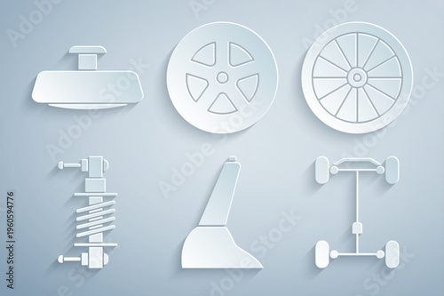Set Car handbrake, wheel, Shock absorber, Chassis car, and mirror icon. Vector