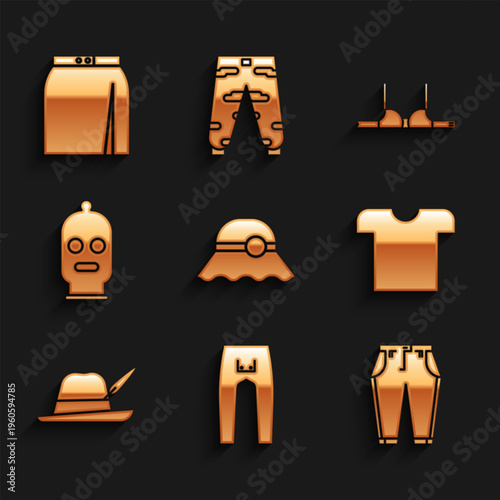 Set Elegant women hat, Pants, T-shirt, Oktoberfest, Balaclava, Bra and Skirt icon. Vector