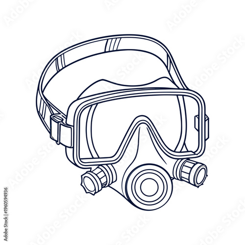 Line drawing of a gas mask with straps and filter