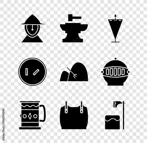 Set Medieval iron helmet, Anvil for blacksmithing hammer, flag, Wooden mug, Body armor, Executioner axe tree block, Round wooden shield and Bale of hay and rake icon. Vector