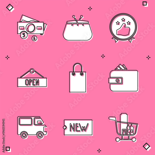 Set Stacks paper money cash, Wallet, Consumer or customer product rating, Hanging sign with Open, Paper shopping bag, Delivery cargo truck vehicle and Price tag text New icon. Vector