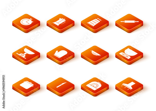 Set Cooking pot, Knife, Electronic scales, Oven glove, Kitchen colander, extractor fan and icon. Vector