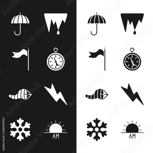 Set Compass, Meteorology windsock wind vane, Umbrella, Icicle, Cone meteorology, Lightning bolt, Sunrise and Snowflake icon. Vector