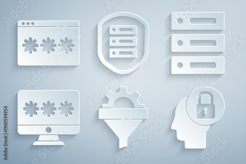 Set Sales funnel with gear, Server, Data, Web Hosting, Monitor password, Human head lock, shield and Password protection icon. Vector