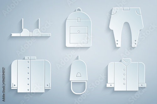 Set Police cap with cockade, Pants, T-shirt, Backpack and Bra icon. Vector