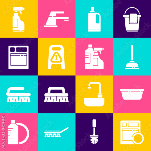 Set Kitchen dishwasher machine, Plastic basin, Rubber plunger, Fabric softener, Wet floor and cleaning progress, Spray bottle with detergent liquid and Bottles for agent icon. Vector